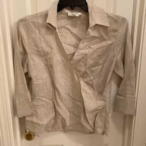 David N 100% Hanky Linen Cream Ivory Faux Wrap Top Medium Collared